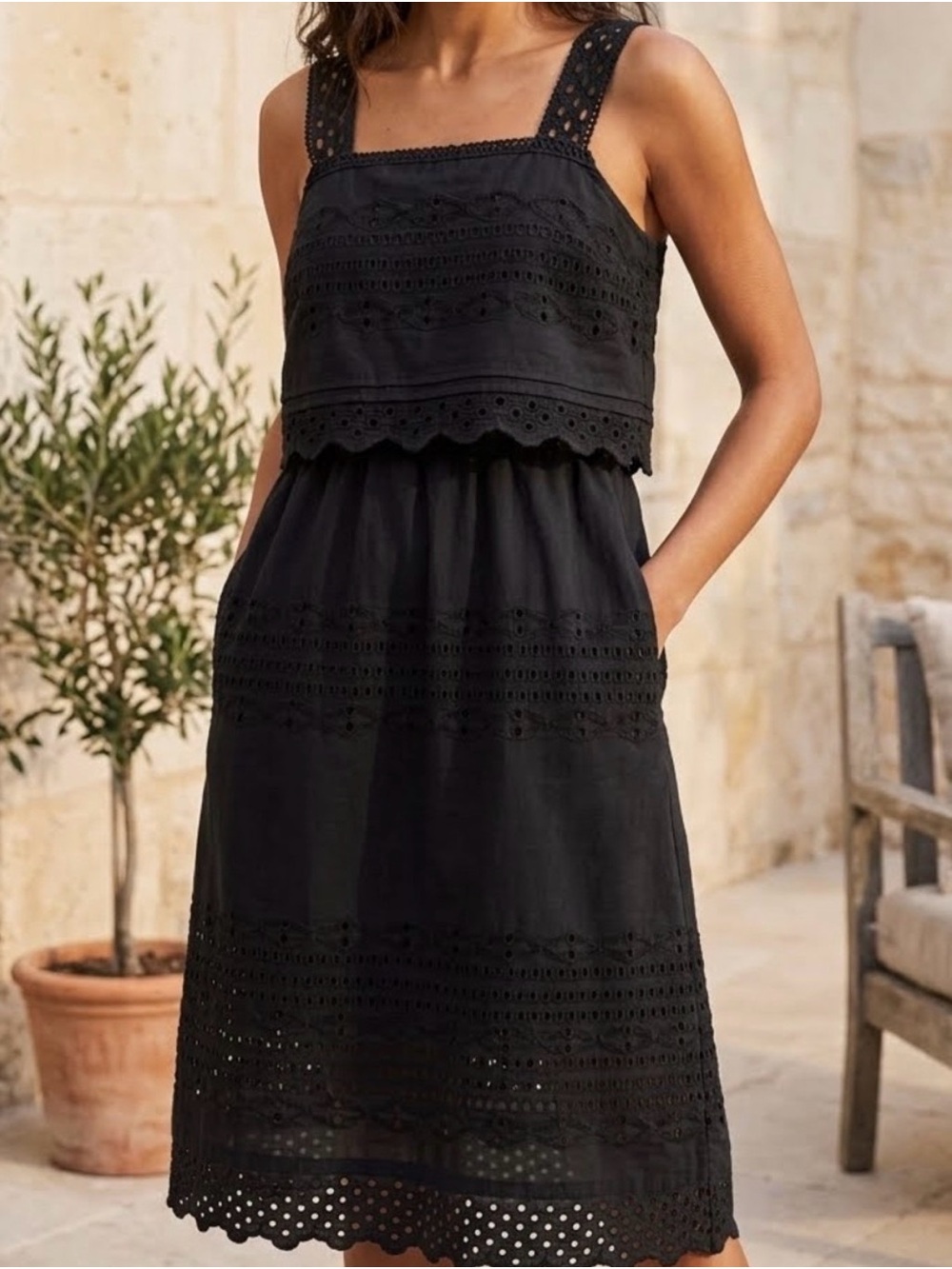 J. Crew Black Eyelet Tiered Midi Dress